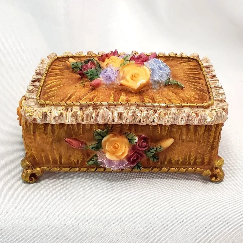 VTG Victorian Floral Jewelry Trinket Box With Raised Rose Design & Gold Accents